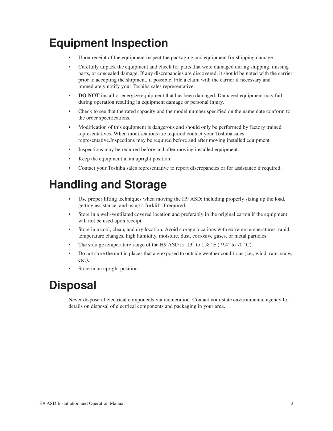 Toshiba H9 operation manual Equipment Inspection, Handling and Storage, Disposal 