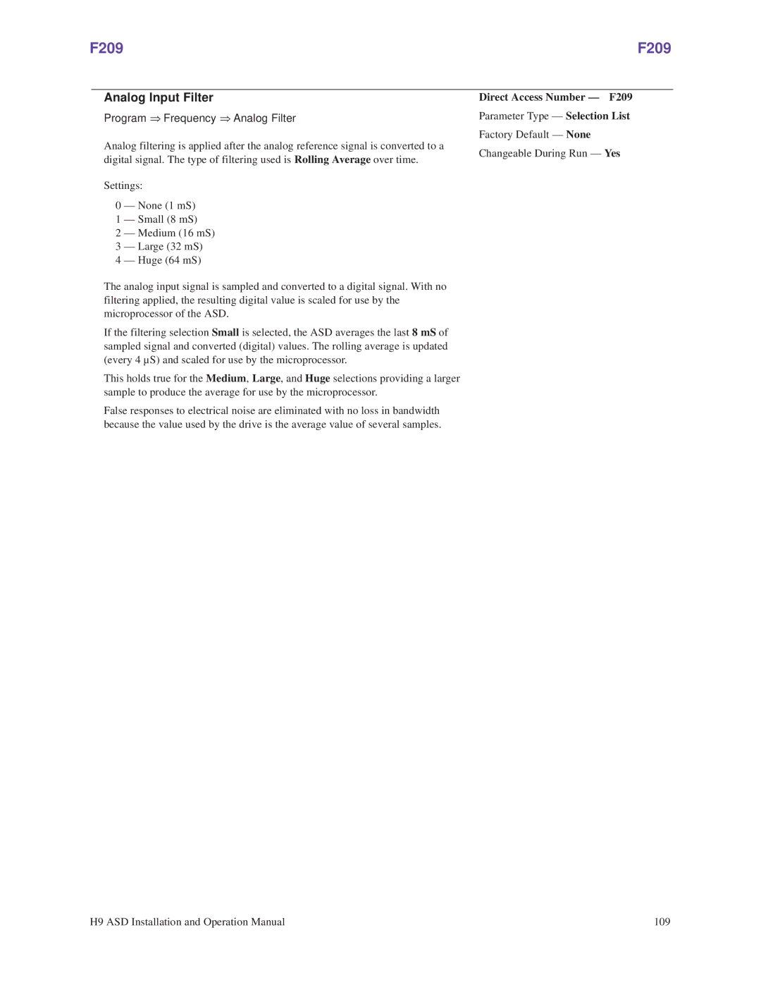 Toshiba H9 operation manual Analog Input Filter, Program ⇒ Frequency ⇒ Analog Filter, Direct Access Number F209 