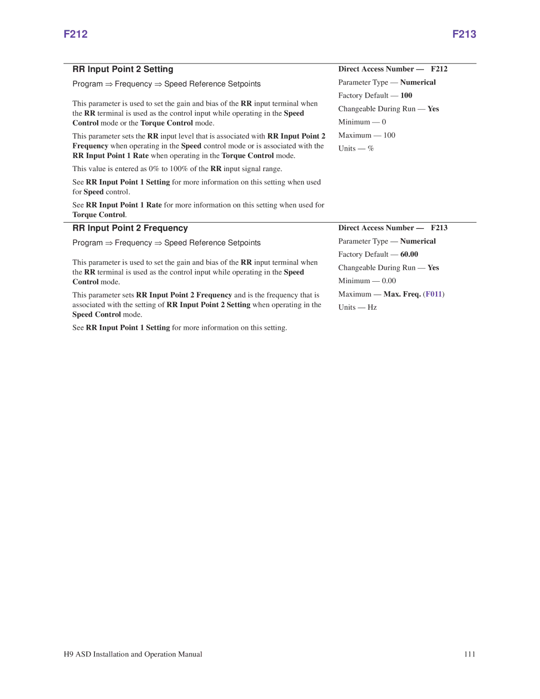 Toshiba H9 operation manual F212 F213, RR Input Point 2 Setting, RR Input Point 2 Frequency, Direct Access Number F212 