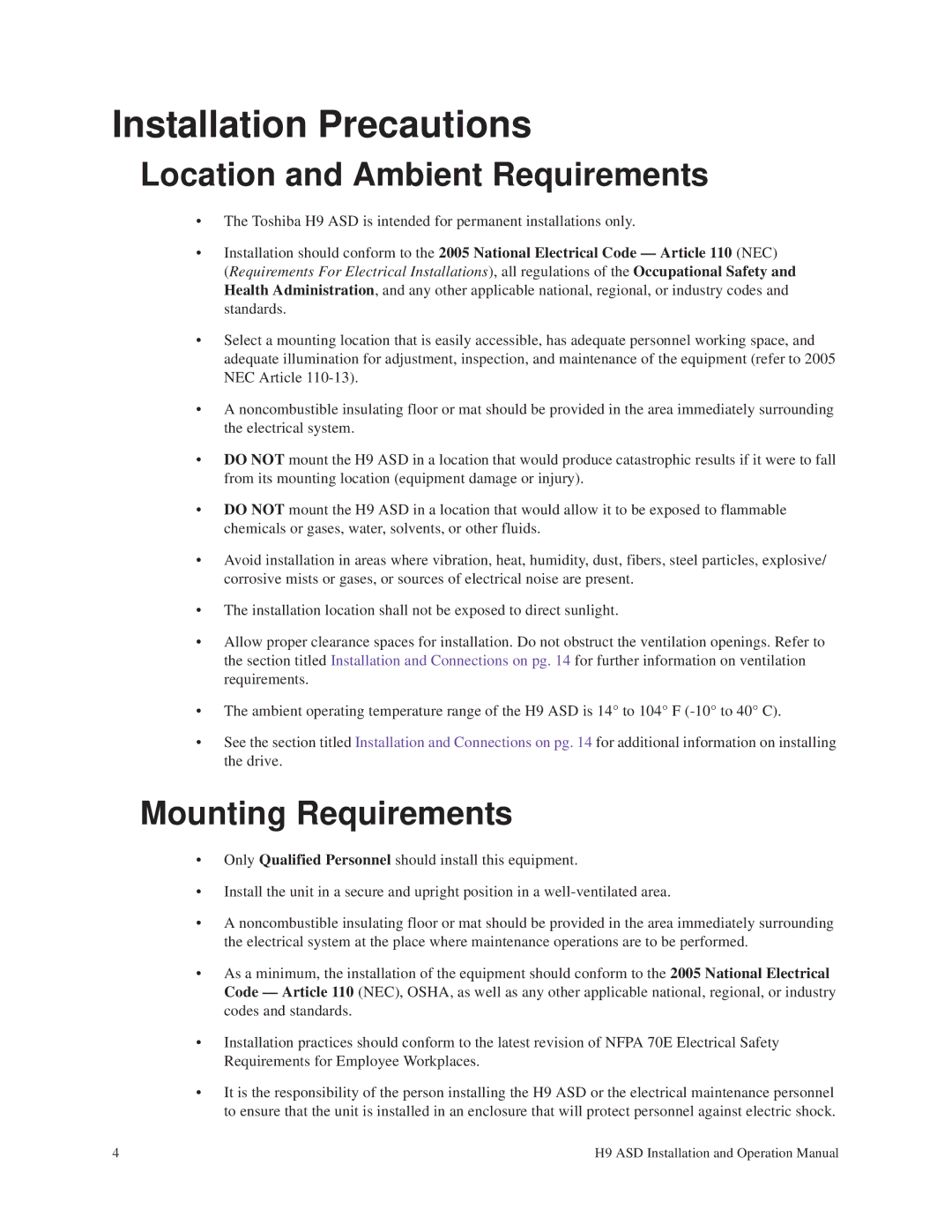 Toshiba H9 operation manual Installation Precautions, Location and Ambient Requirements, Mounting Requirements 