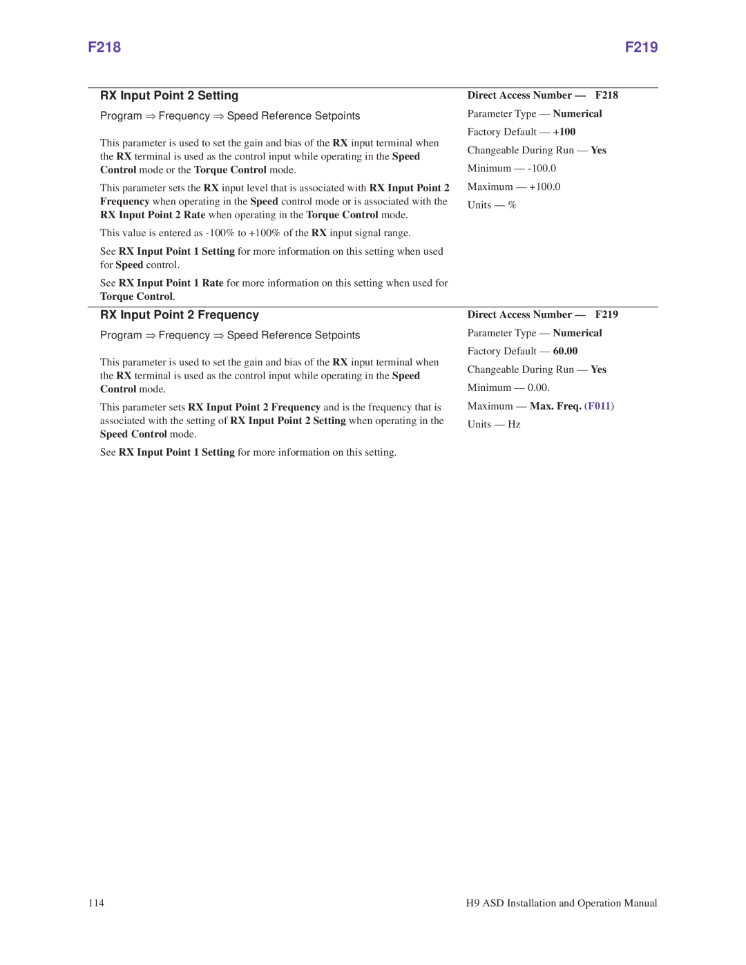 Toshiba H9 operation manual F218 F219, RX Input Point 2 Setting, RX Input Point 2 Frequency, Direct Access Number F218 