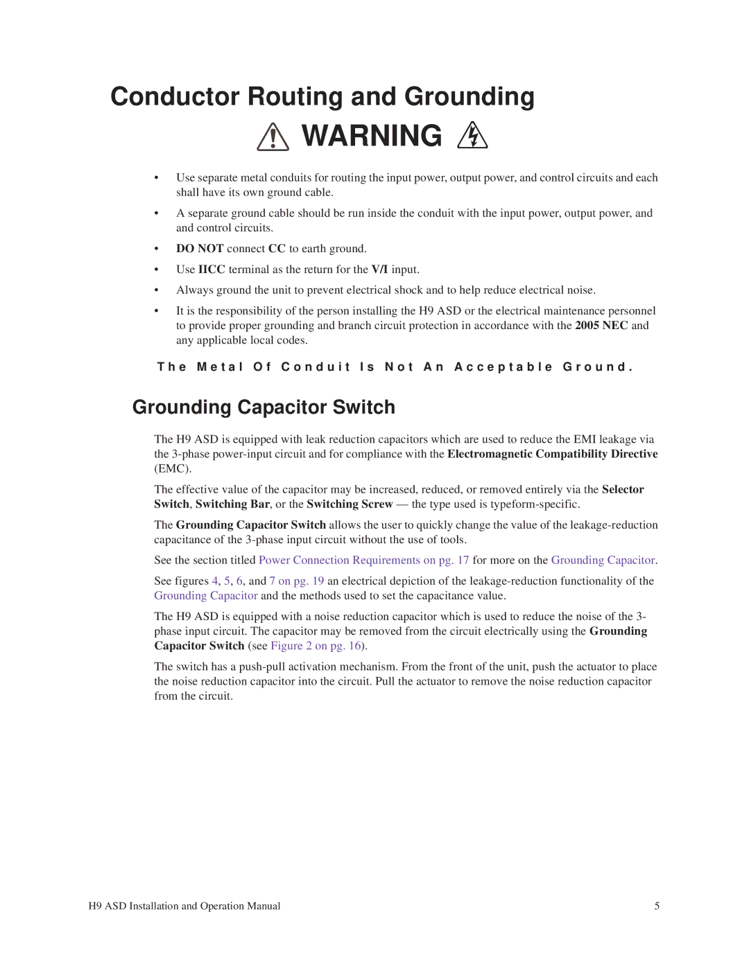 Toshiba H9 operation manual Conductor Routing and Grounding, Grounding Capacitor Switch 