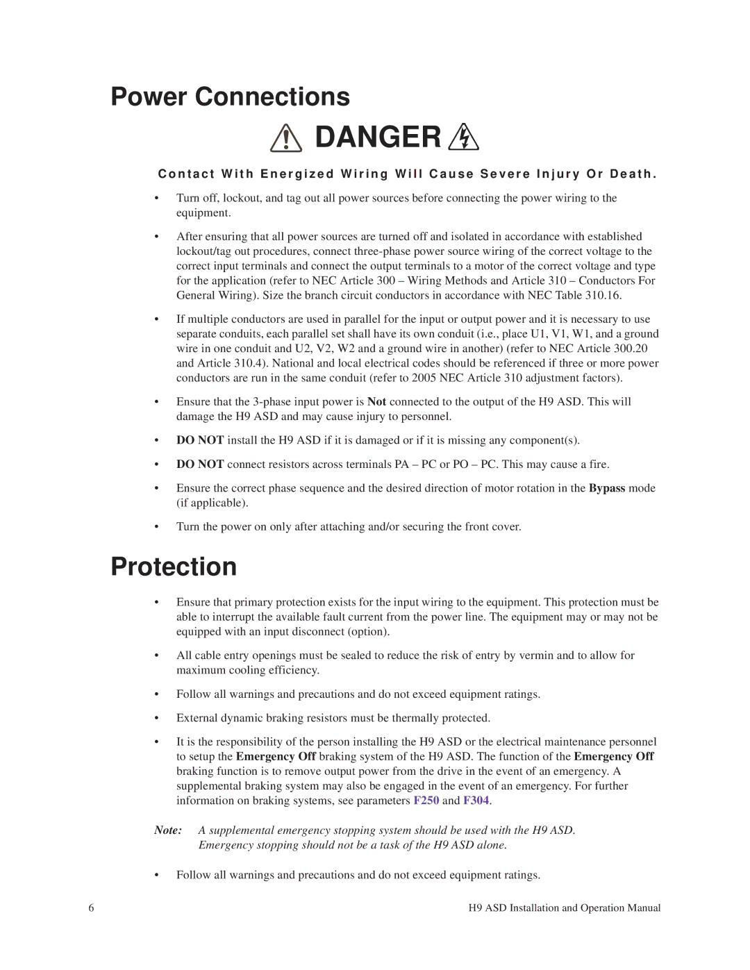 Toshiba H9 operation manual Power Connections, Protection 