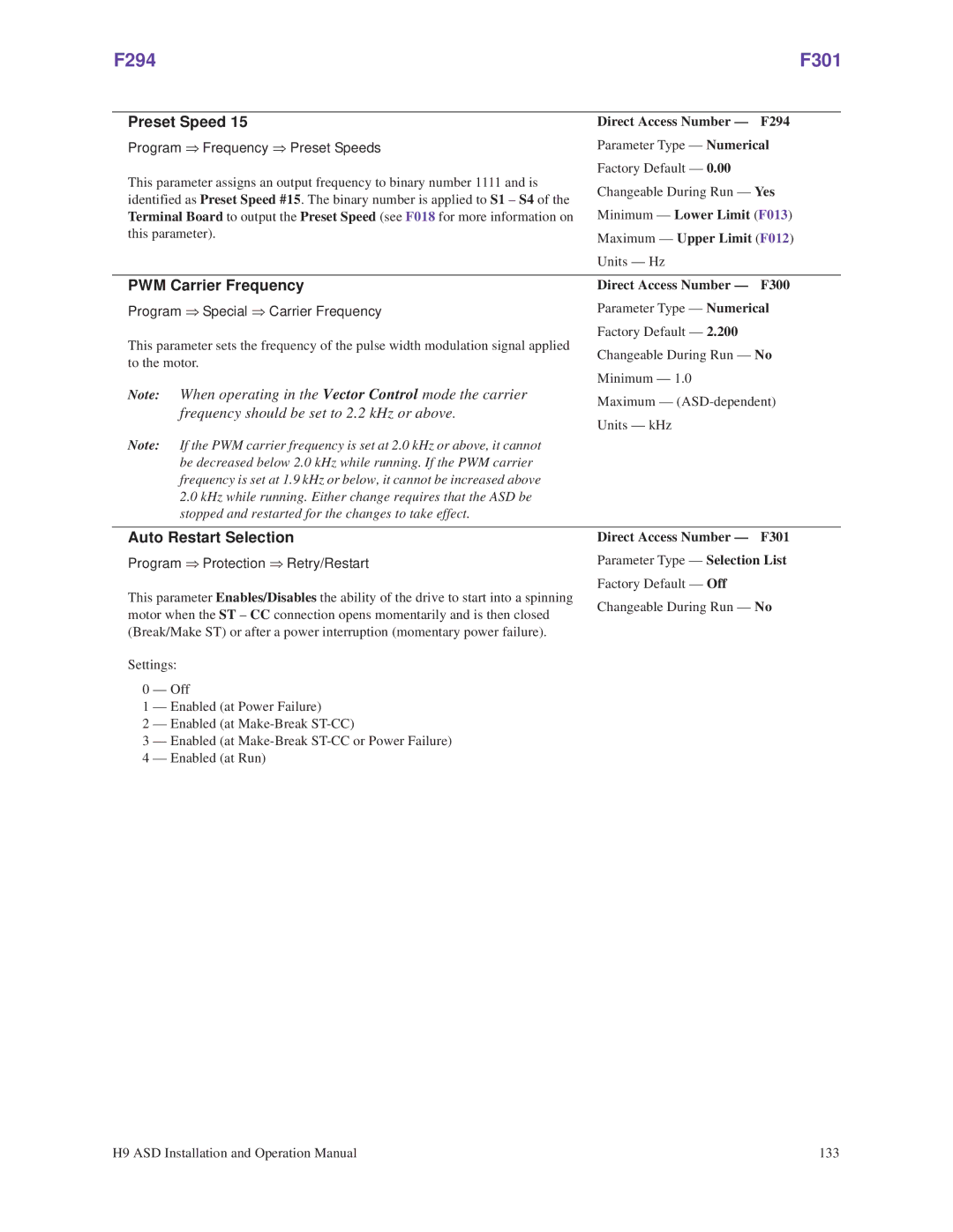 Toshiba H9 operation manual F294, PWM Carrier Frequency, Auto Restart Selection 