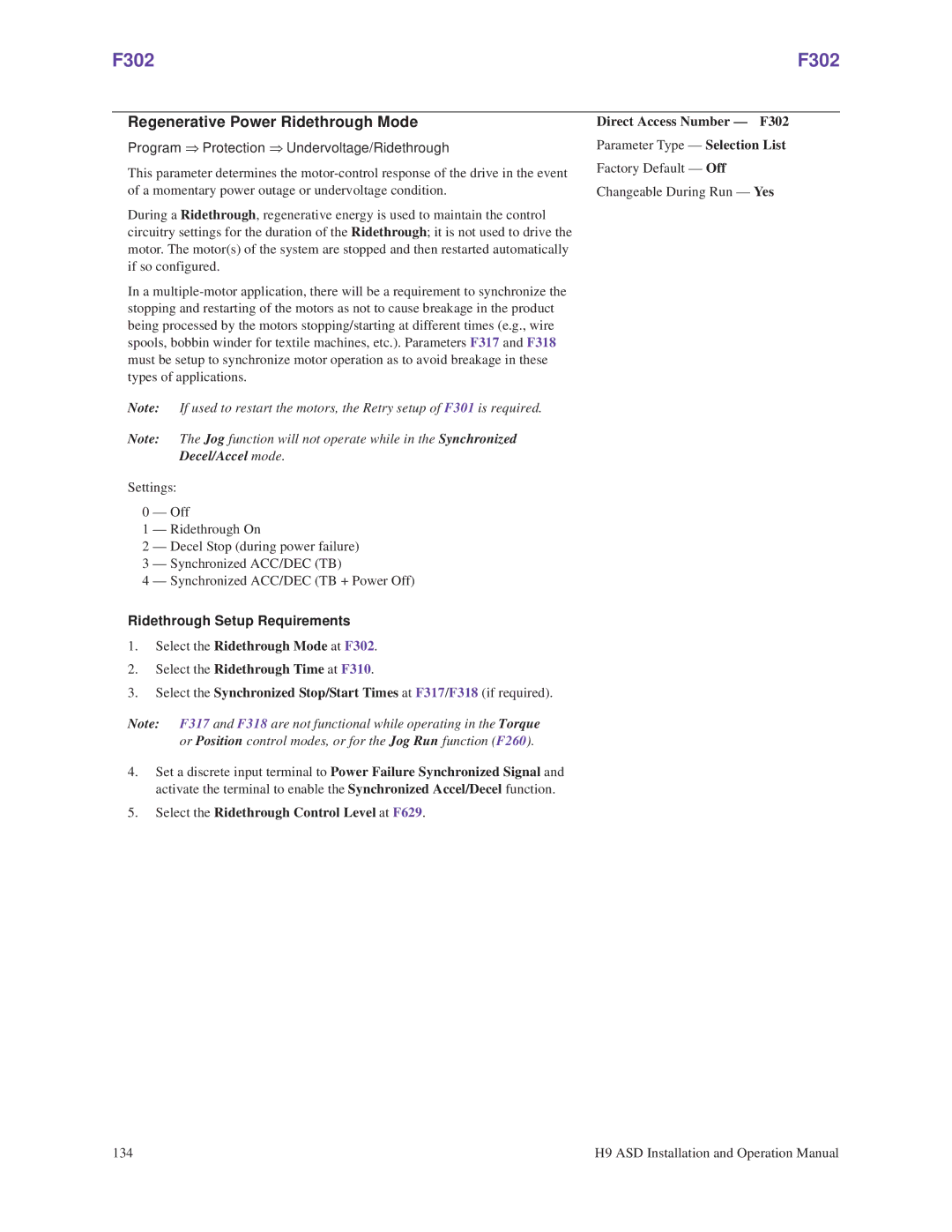 Toshiba H9 operation manual F302, Regenerative Power Ridethrough Mode, Program ⇒ Protection ⇒ Undervoltage/Ridethrough 