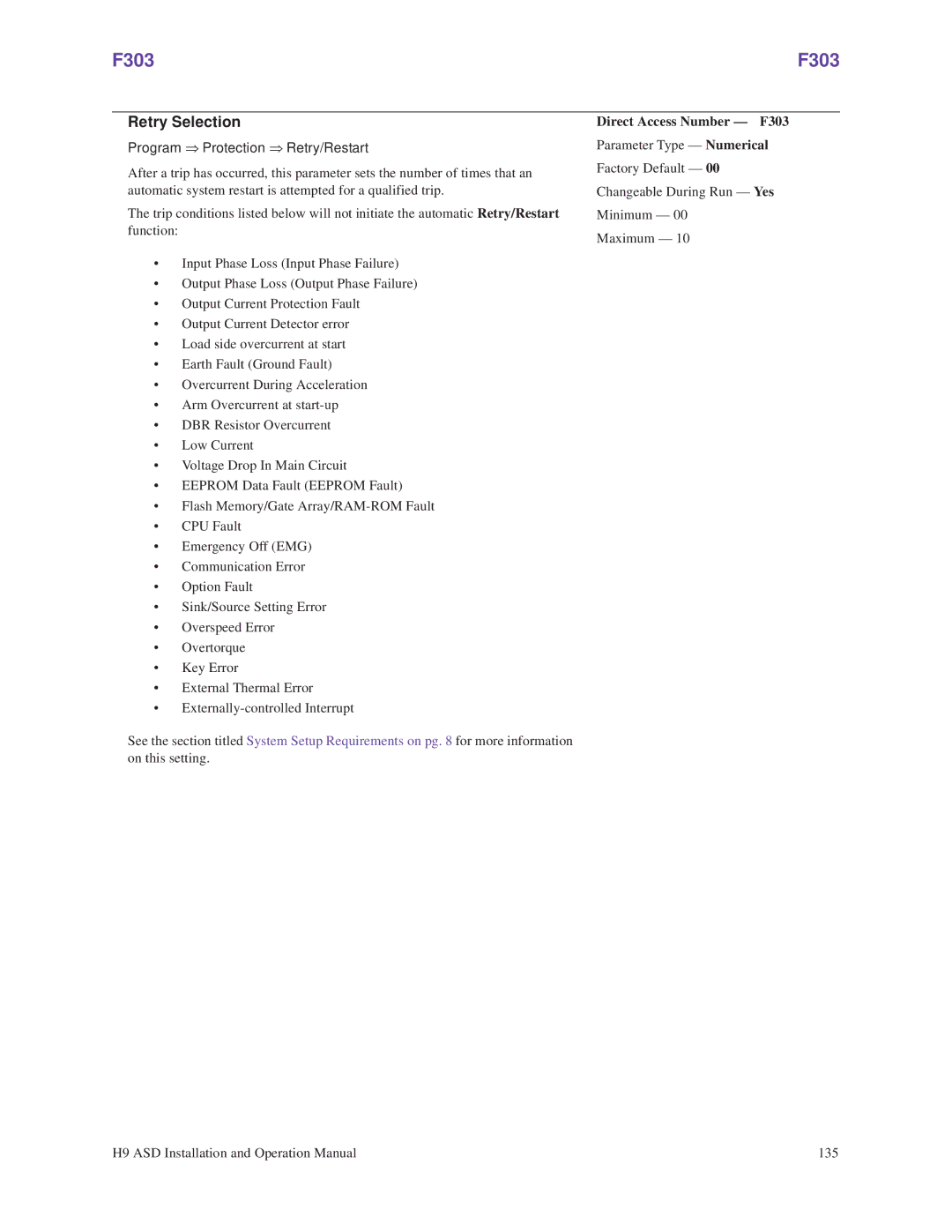 Toshiba H9 operation manual Retry Selection, Direct Access Number F303 