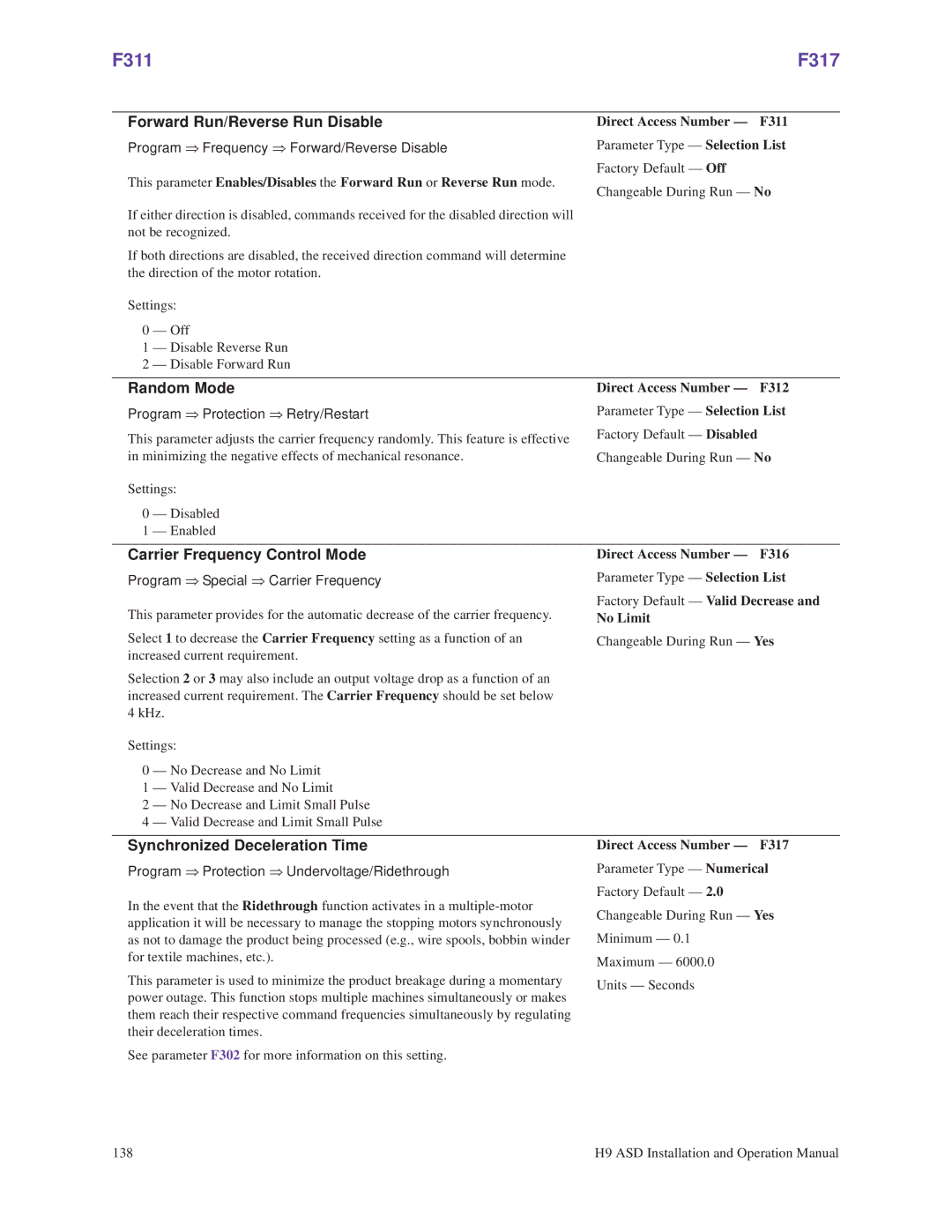 Toshiba H9 operation manual F311 F317, Forward Run/Reverse Run Disable, Random Mode, Carrier Frequency Control Mode 