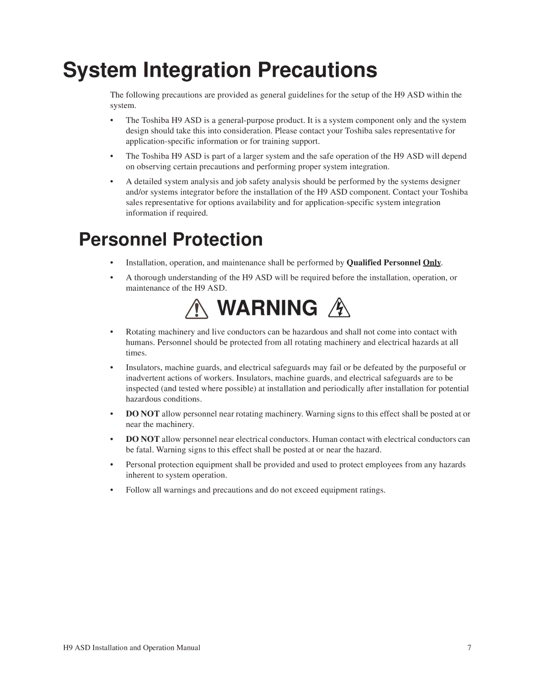 Toshiba H9 operation manual System Integration Precautions, Personnel Protection 