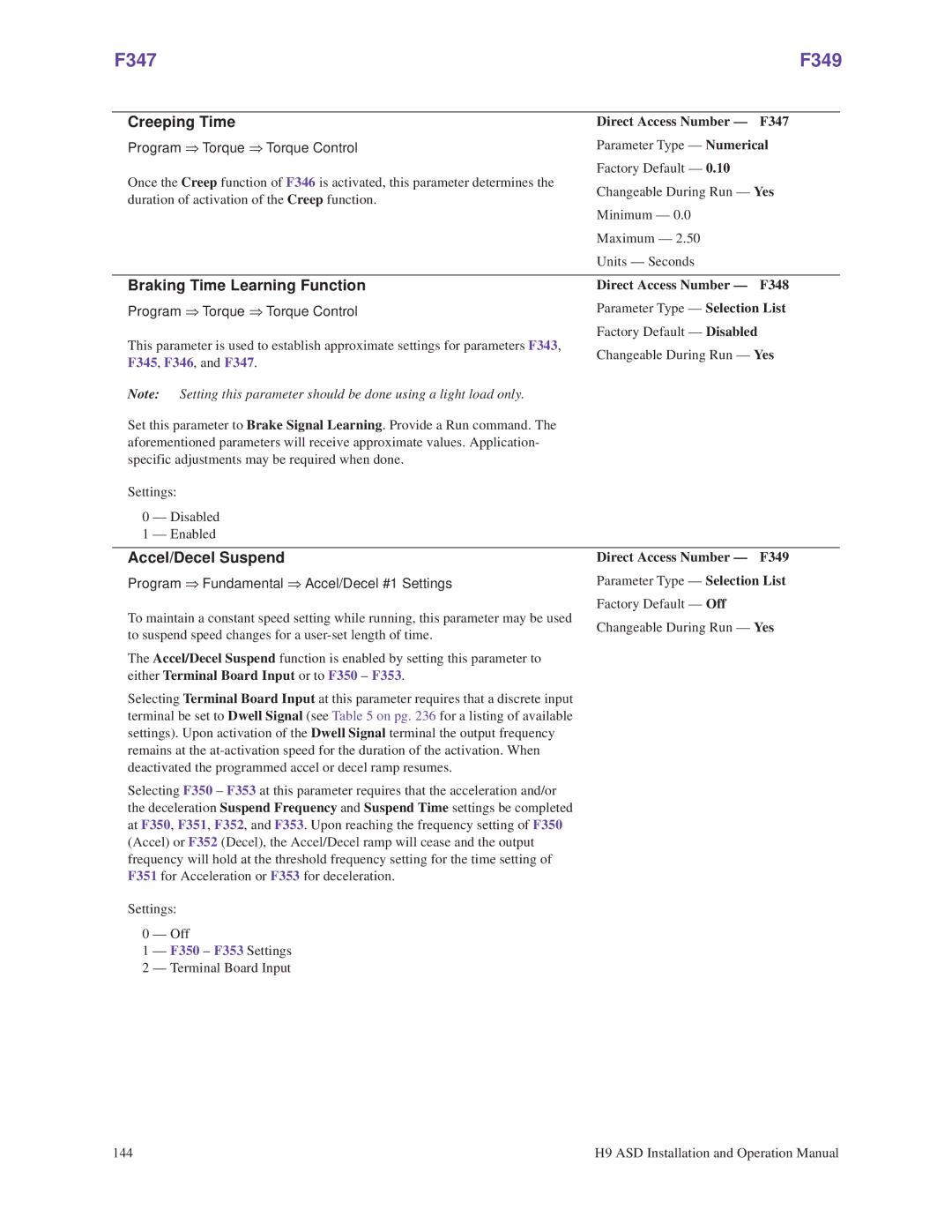 Toshiba H9 operation manual F347 F349, Creeping Time, Braking Time Learning Function, Accel/Decel Suspend 