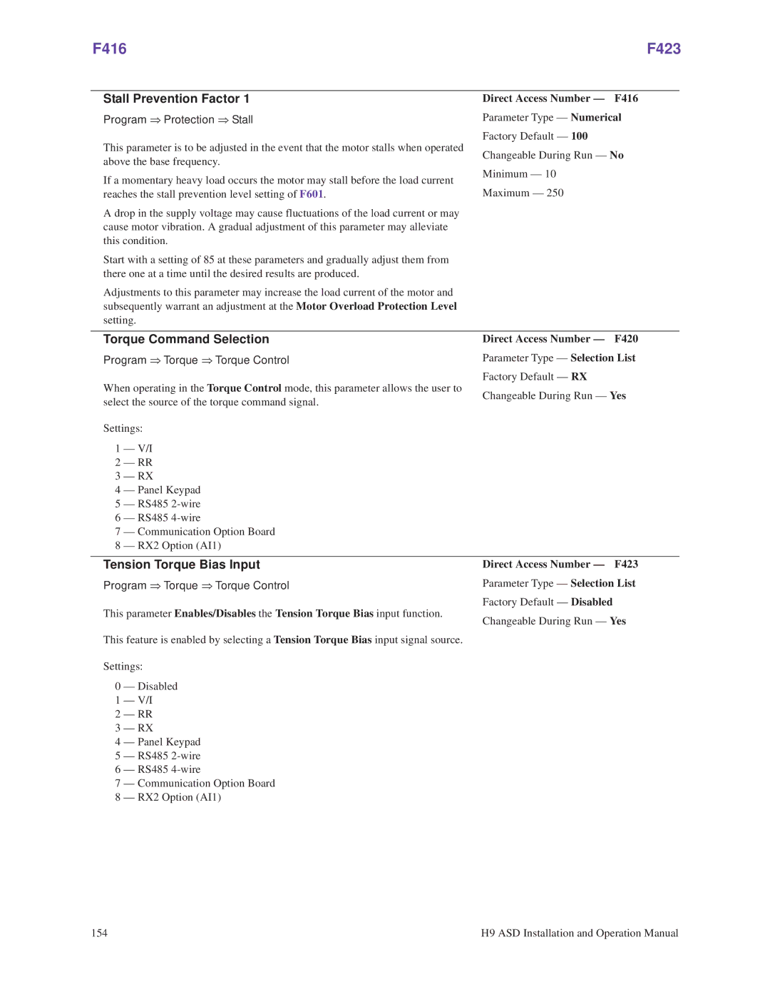 Toshiba H9 operation manual F416 F423, Stall Prevention Factor, Torque Command Selection, Tension Torque Bias Input 