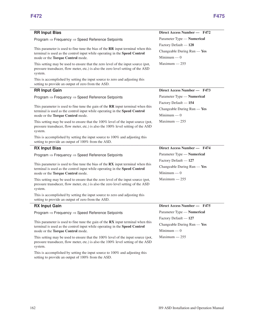 Toshiba H9 operation manual F472 F475, RR Input Bias, RR Input Gain, RX Input Bias, RX Input Gain 