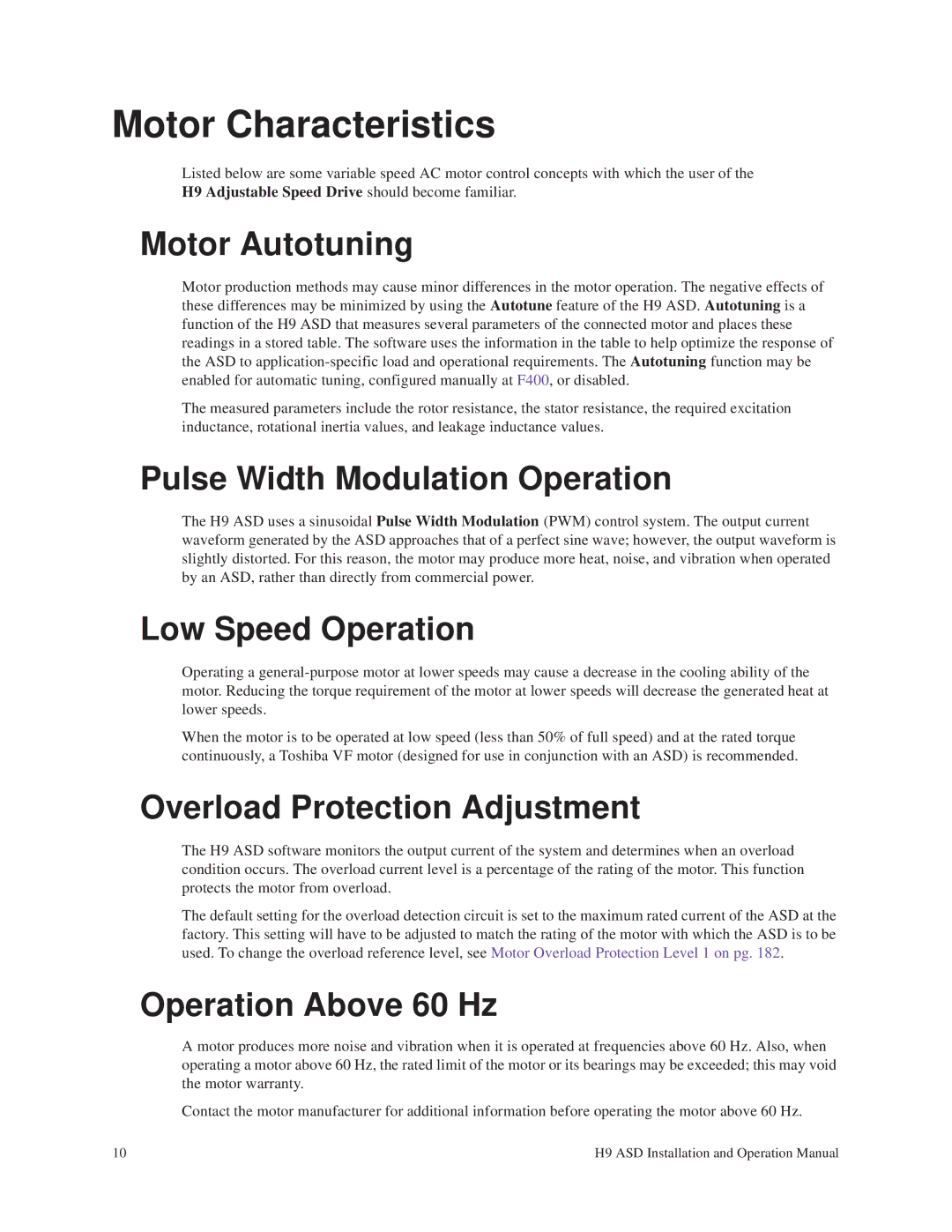 Toshiba H9 operation manual Motor Characteristics 