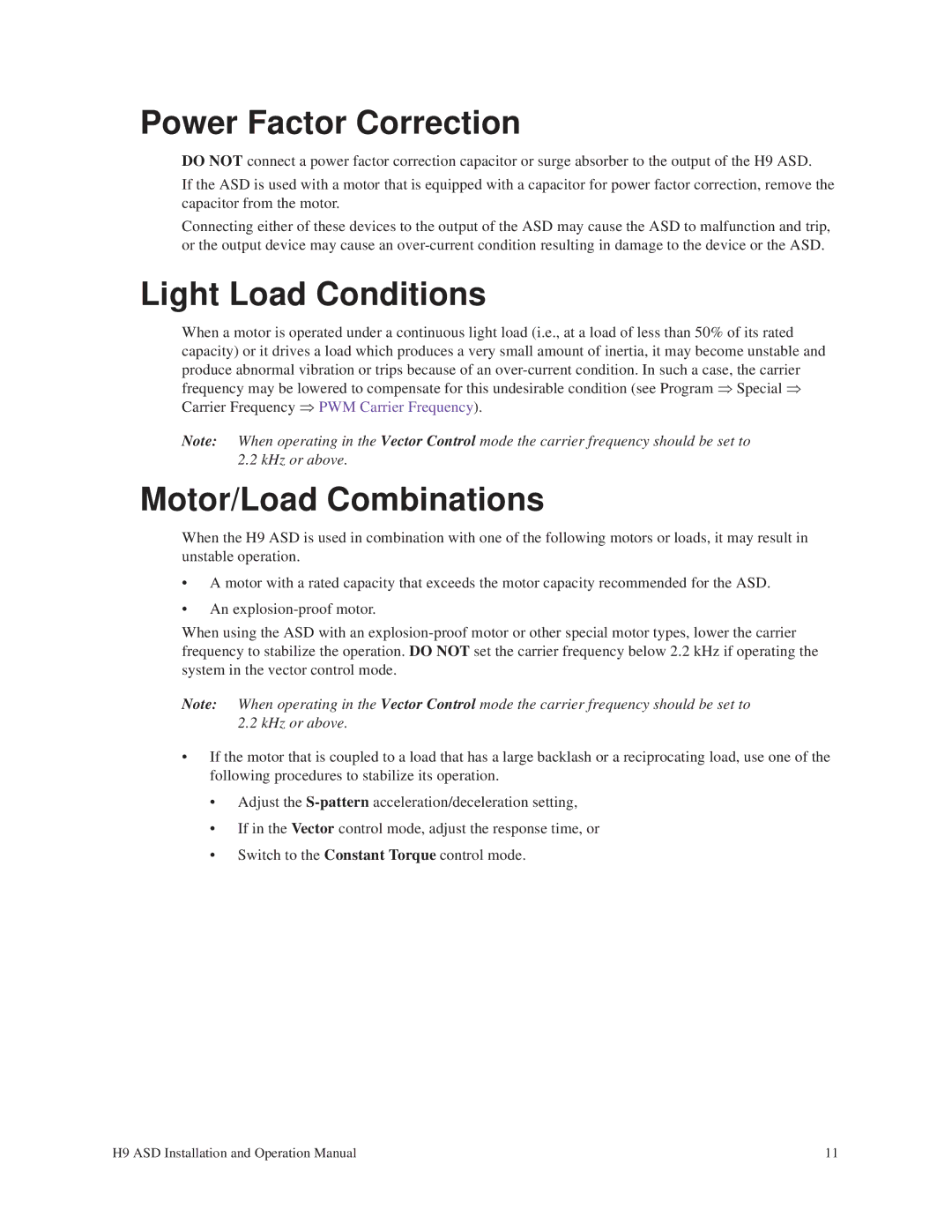 Toshiba H9 operation manual Power Factor Correction, Light Load Conditions, Motor/Load Combinations 