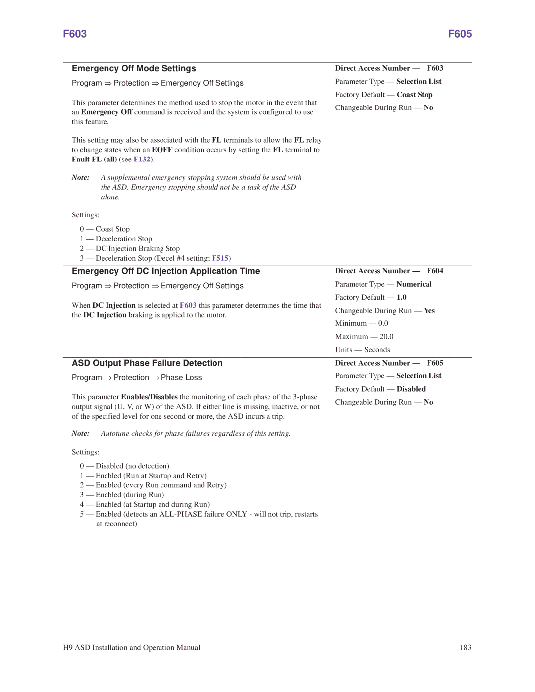 Toshiba H9 operation manual F603 F605, Emergency Off Mode Settings, Emergency Off DC Injection Application Time 