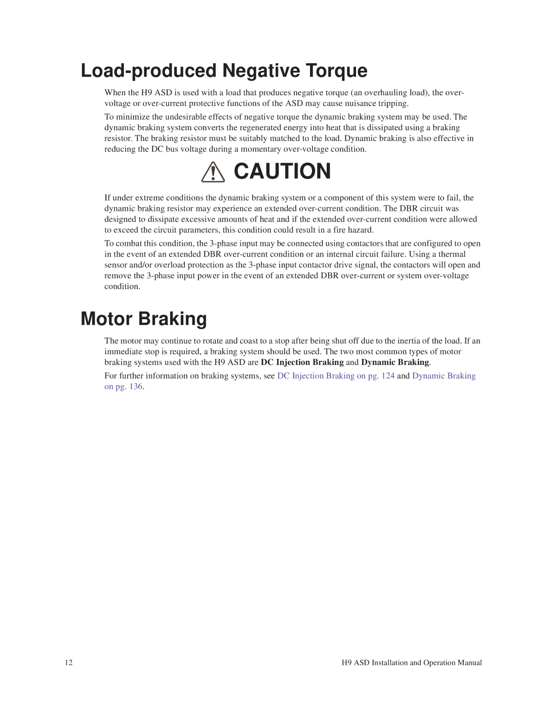 Toshiba H9 operation manual Load-produced Negative Torque, Motor Braking 