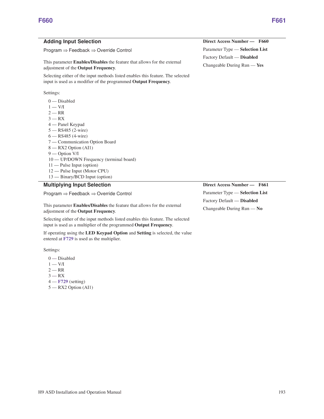 Toshiba H9 operation manual F660 F661, Adding Input Selection, Multiplying Input Selection, Direct Access Number F660 