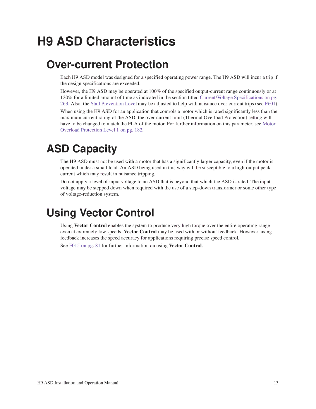 Toshiba operation manual H9 ASD Characteristics, Over-current Protection, ASD Capacity, Using Vector Control 