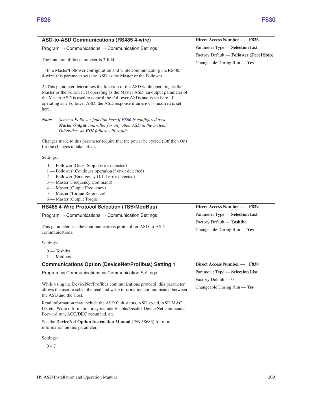 Toshiba H9 operation manual F826 F830, ASD-to-ASD Communications RS485 4-wire, RS485 4-Wire Protocol Selection TSB/ModBus 