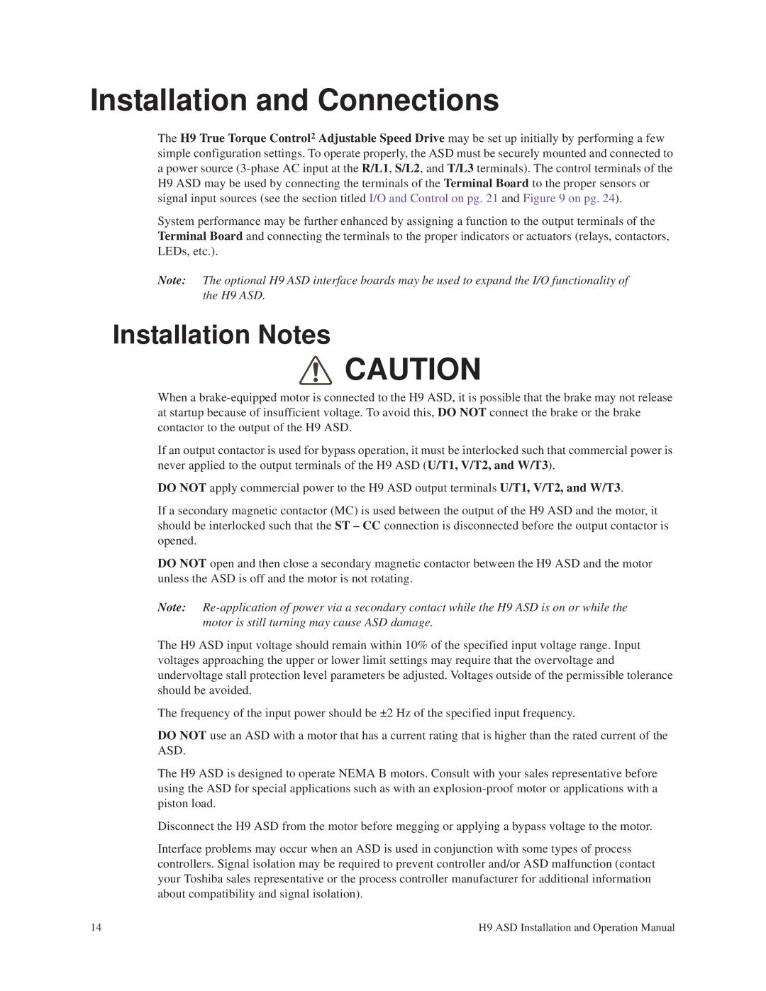 Toshiba H9 operation manual Installation and Connections, Installation Notes 