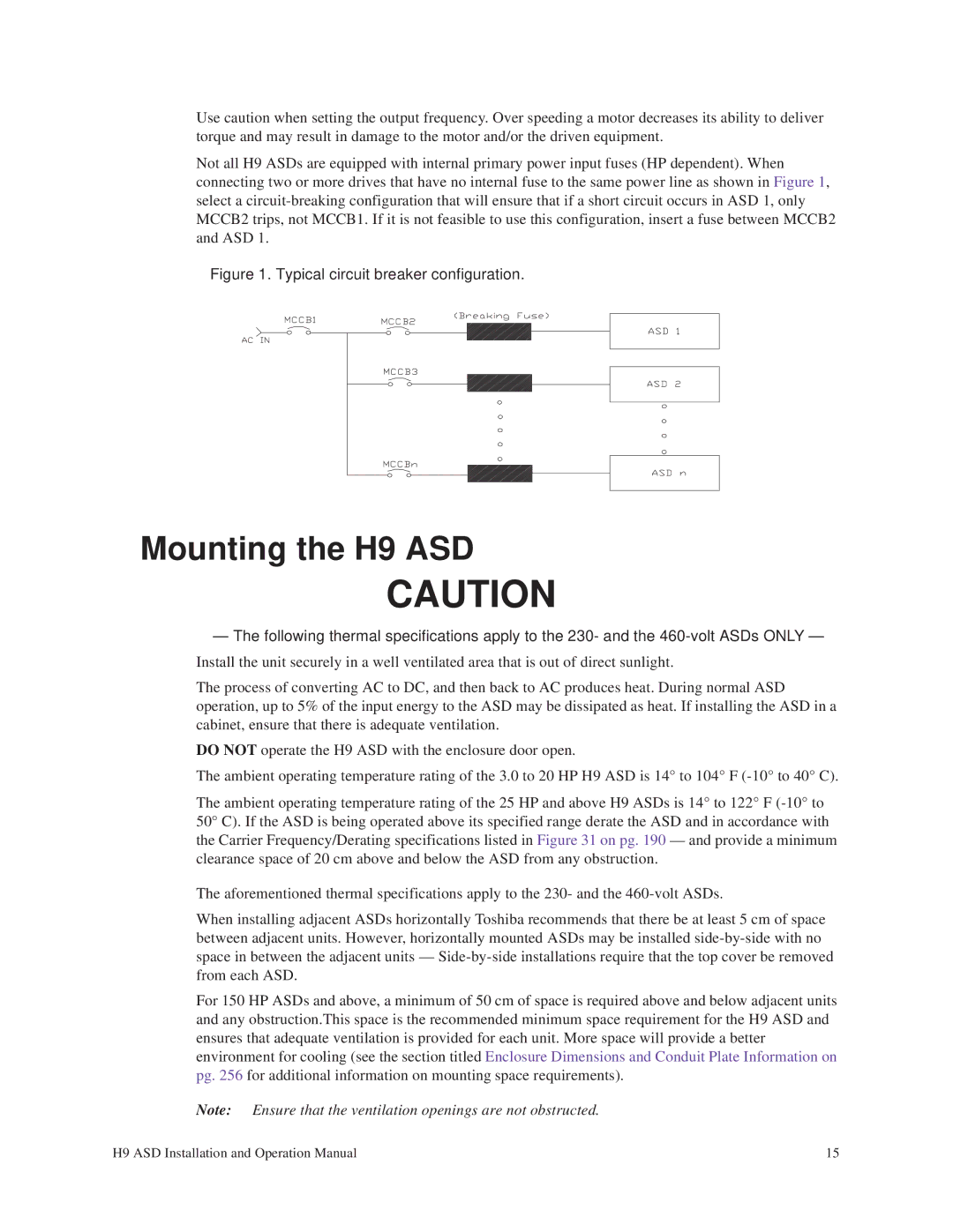 Toshiba operation manual Mounting the H9 ASD, Typical circuit breaker configuration 