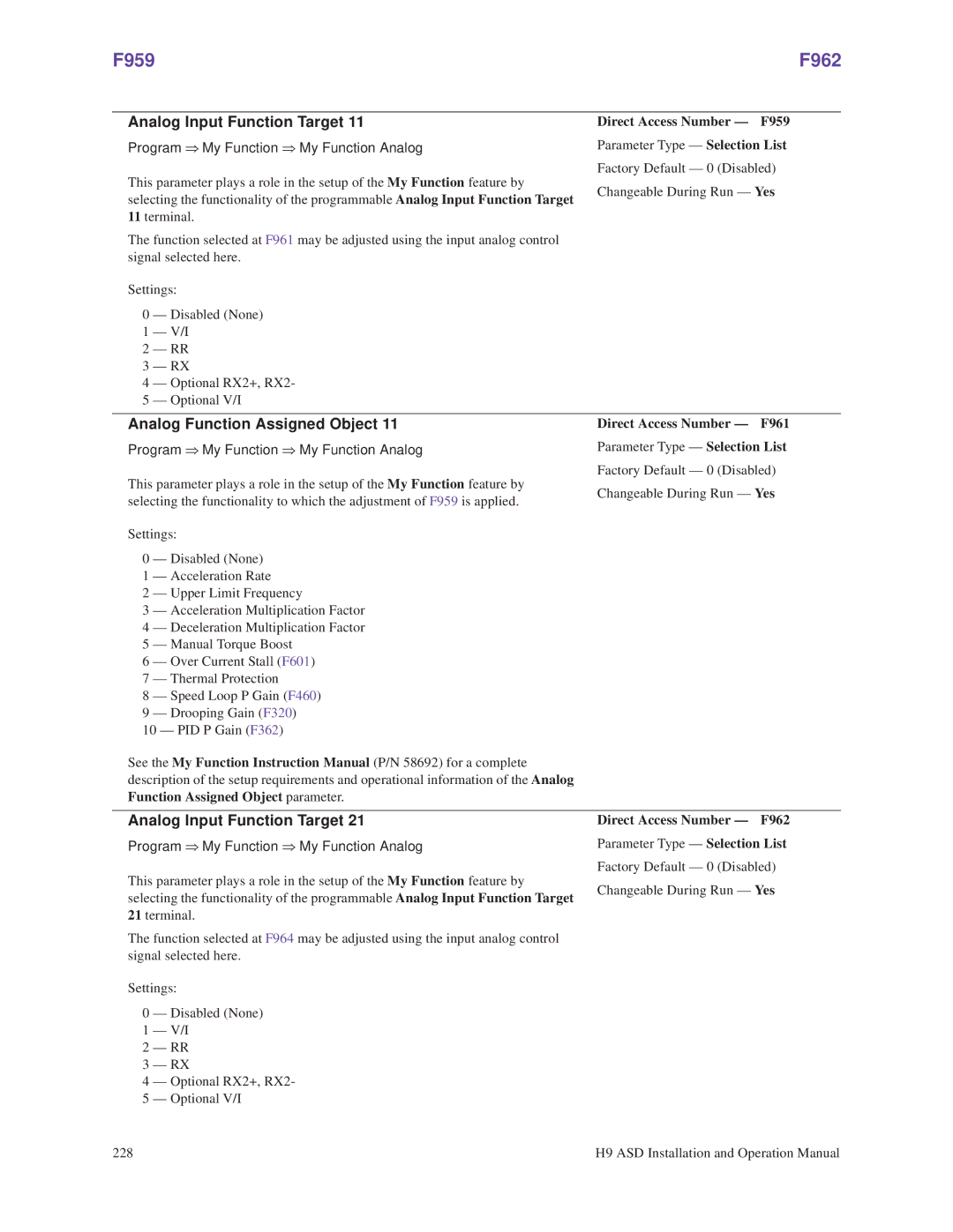 Toshiba H9 operation manual F959 F962, Analog Input Function Target, Analog Function Assigned Object 