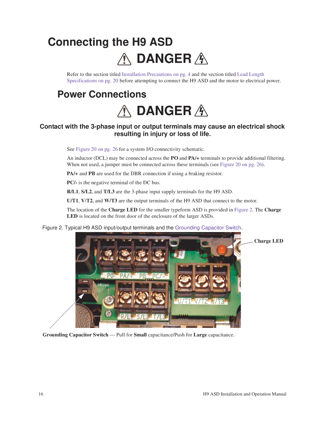 Toshiba operation manual Connecting the H9 ASD, Power Connections 