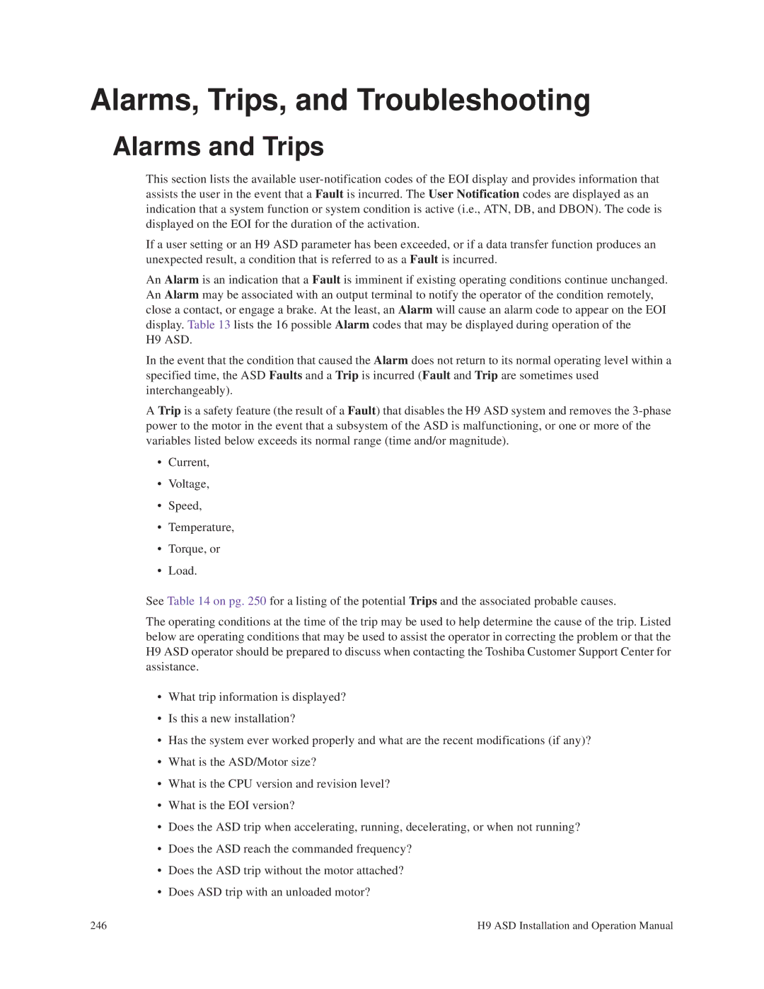 Toshiba H9 operation manual Alarms, Trips, and Troubleshooting, Alarms and Trips 