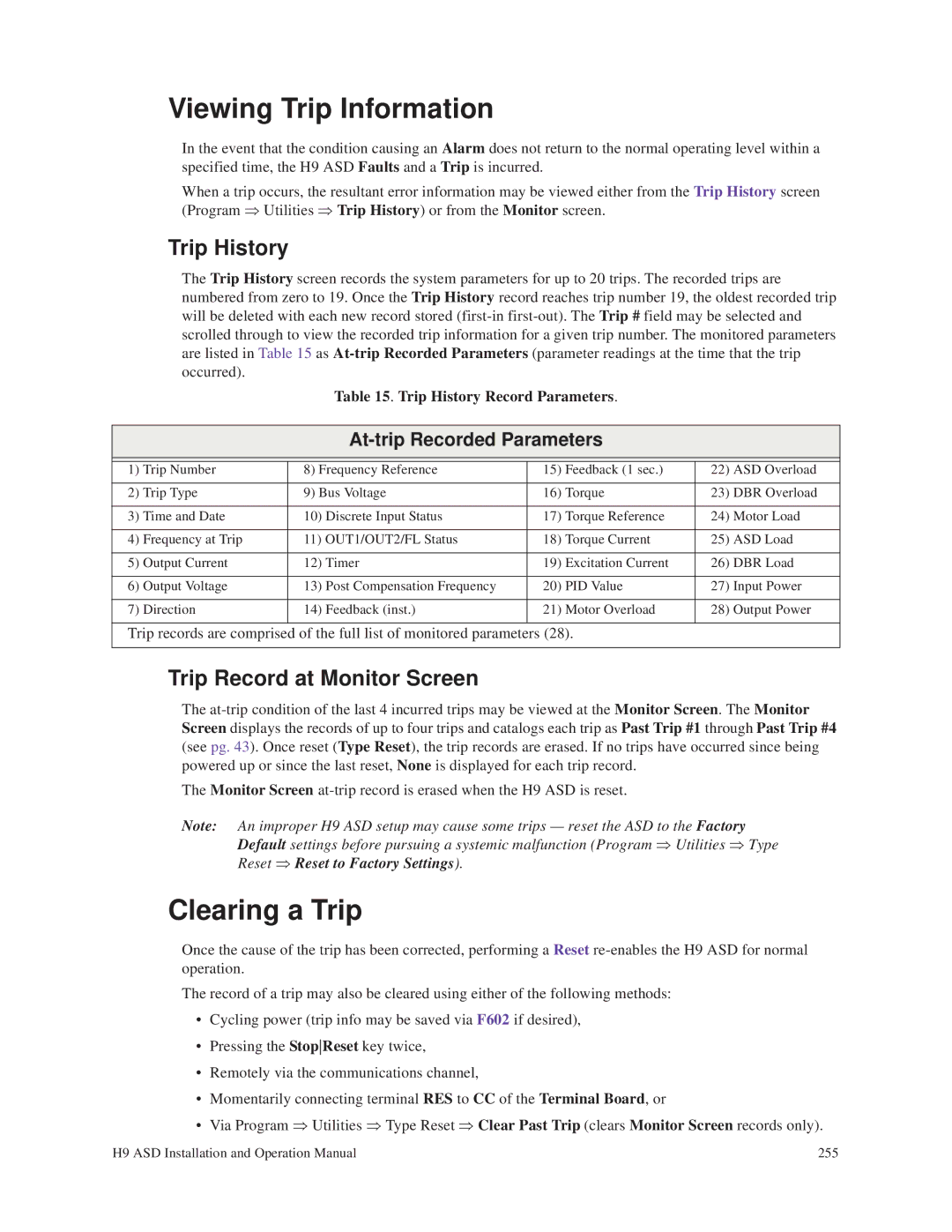 Toshiba H9 operation manual Viewing Trip Information, Clearing a Trip 