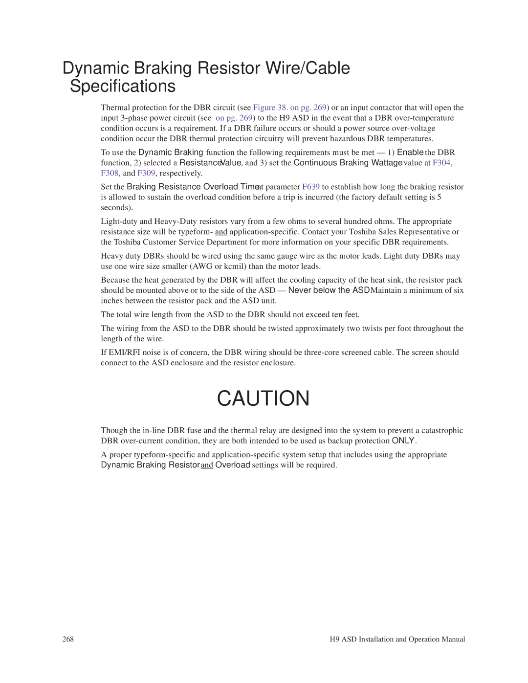 Toshiba H9 operation manual Dynamic Braking Resistor Wire/Cable Specifications 