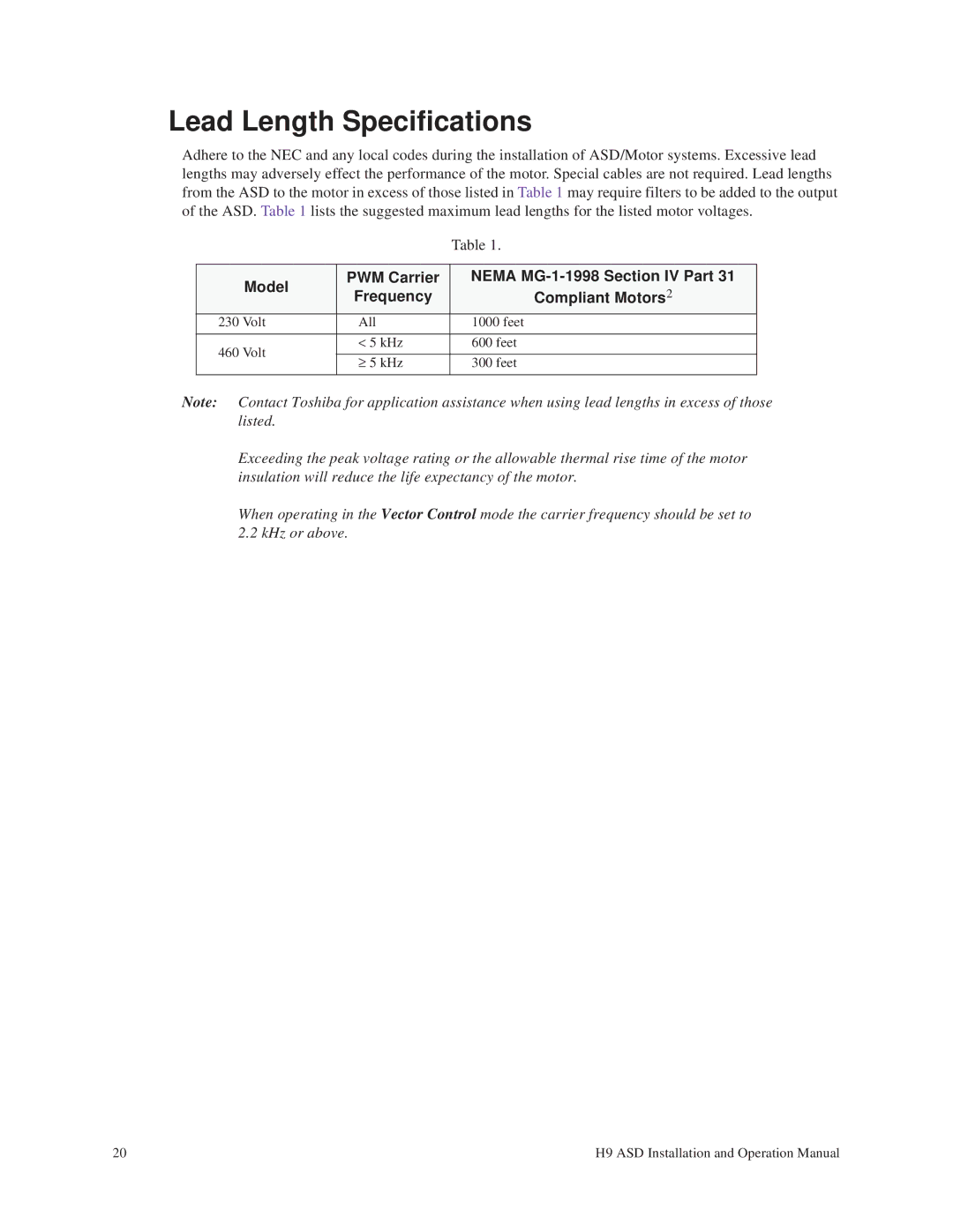 Toshiba H9 Lead Length Specifications, Model, Nema MG-1-1998 Section IV Part, Frequency Compliant Motors, PWM Carrier 