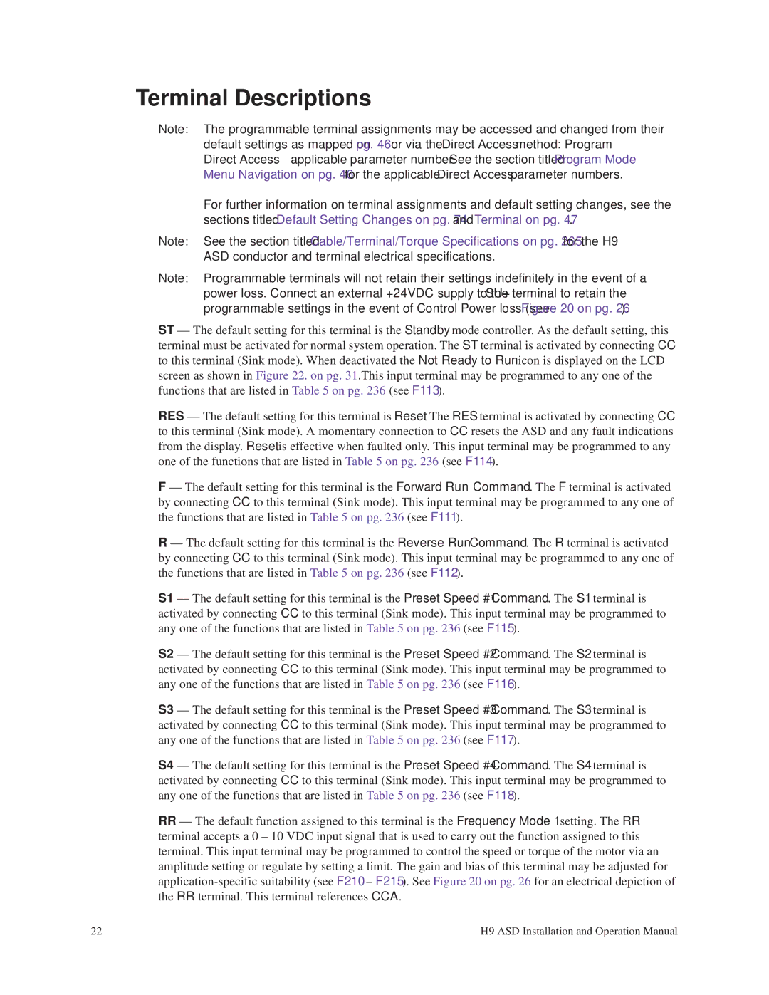 Toshiba H9 operation manual Terminal Descriptions 