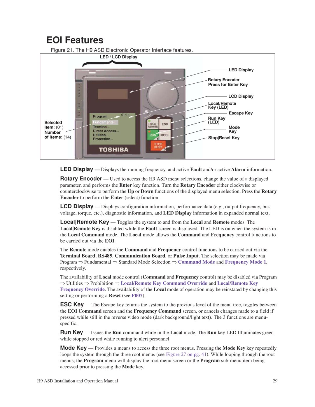 Toshiba operation manual EOI Features, H9 ASD Electronic Operator Interface features 