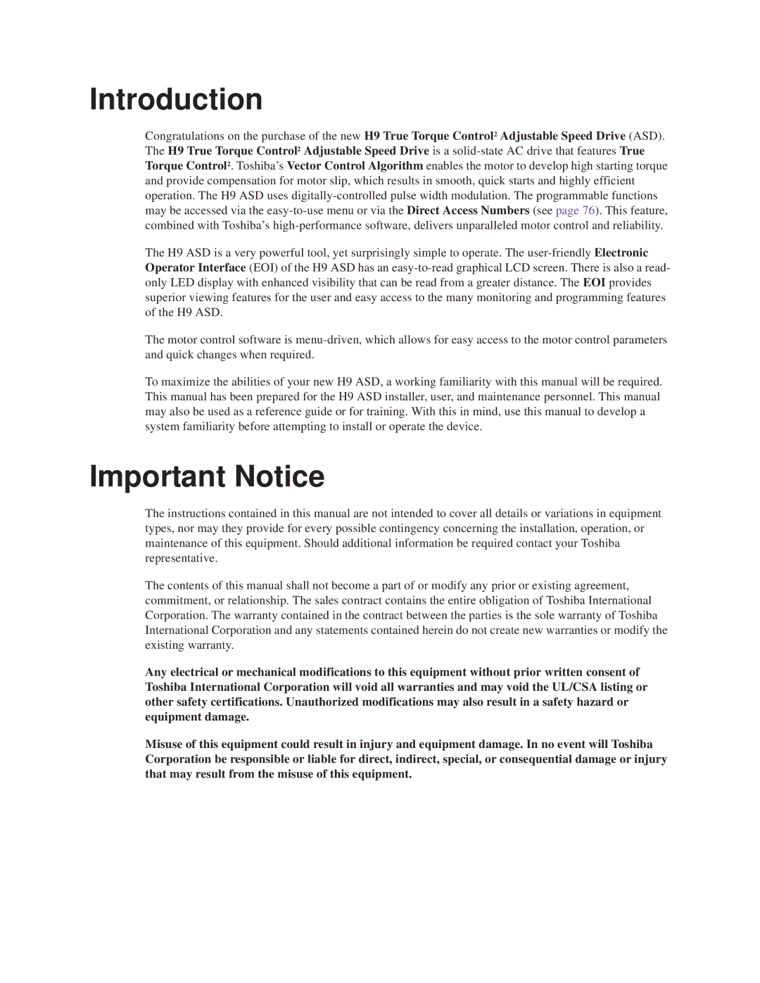 Toshiba H9 operation manual Introduction, Important Notice 