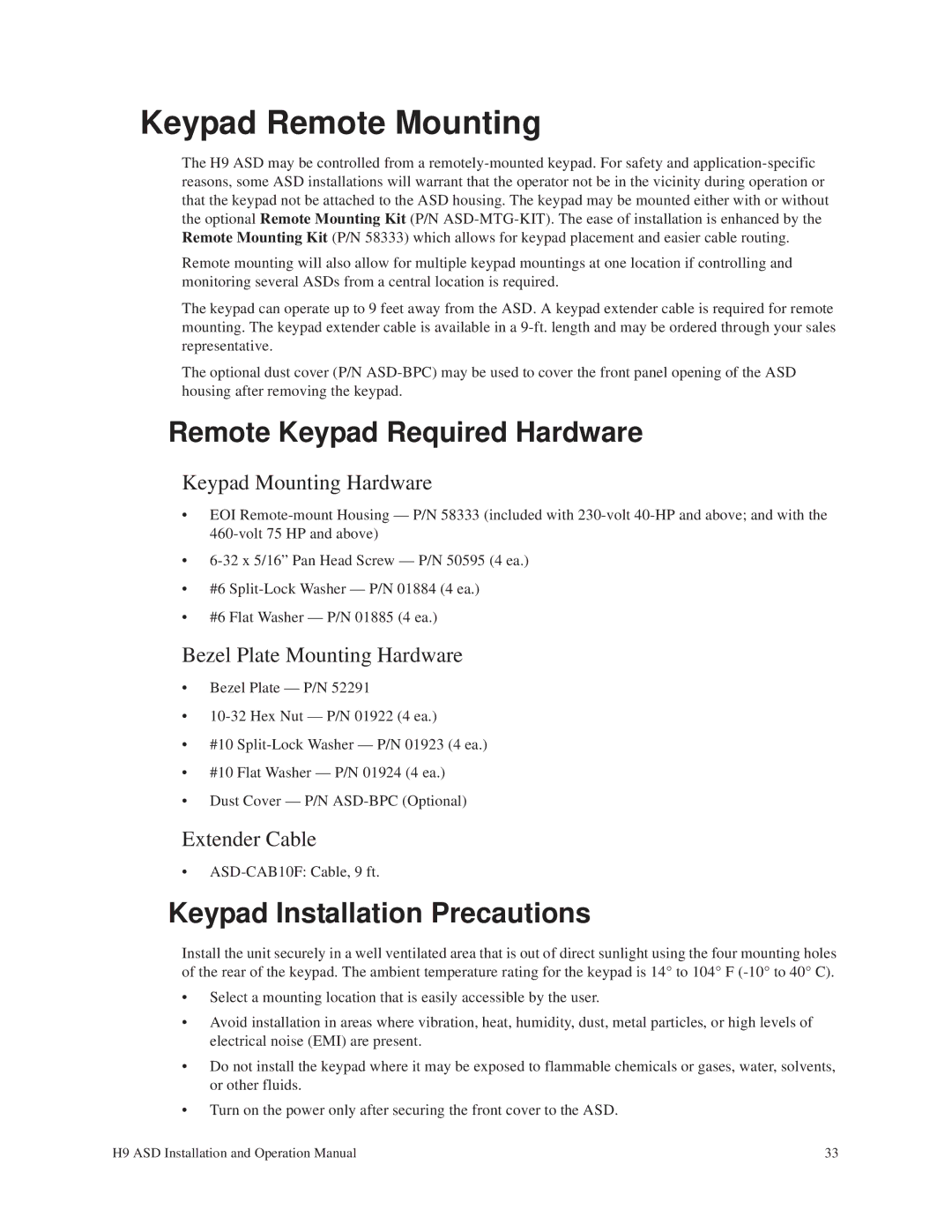 Toshiba H9 operation manual Keypad Remote Mounting, Remote Keypad Required Hardware, Keypad Installation Precautions 