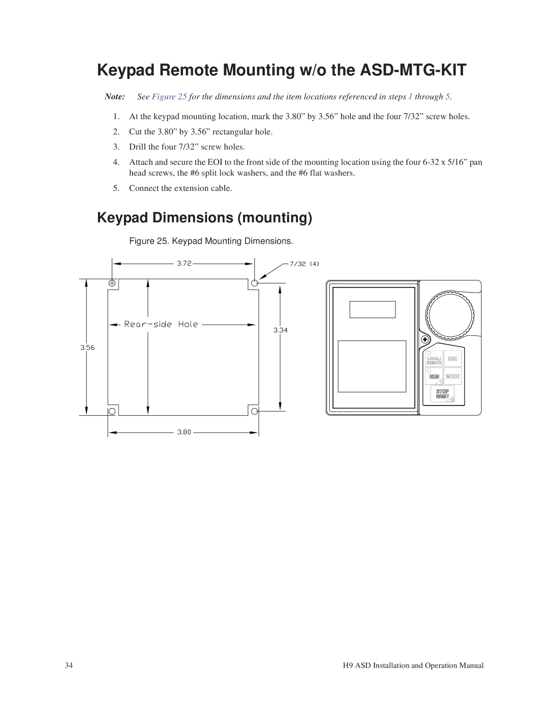 Toshiba H9 operation manual Keypad Remote Mounting w/o the ASD-MTG-KIT, Keypad Mounting Dimensions 