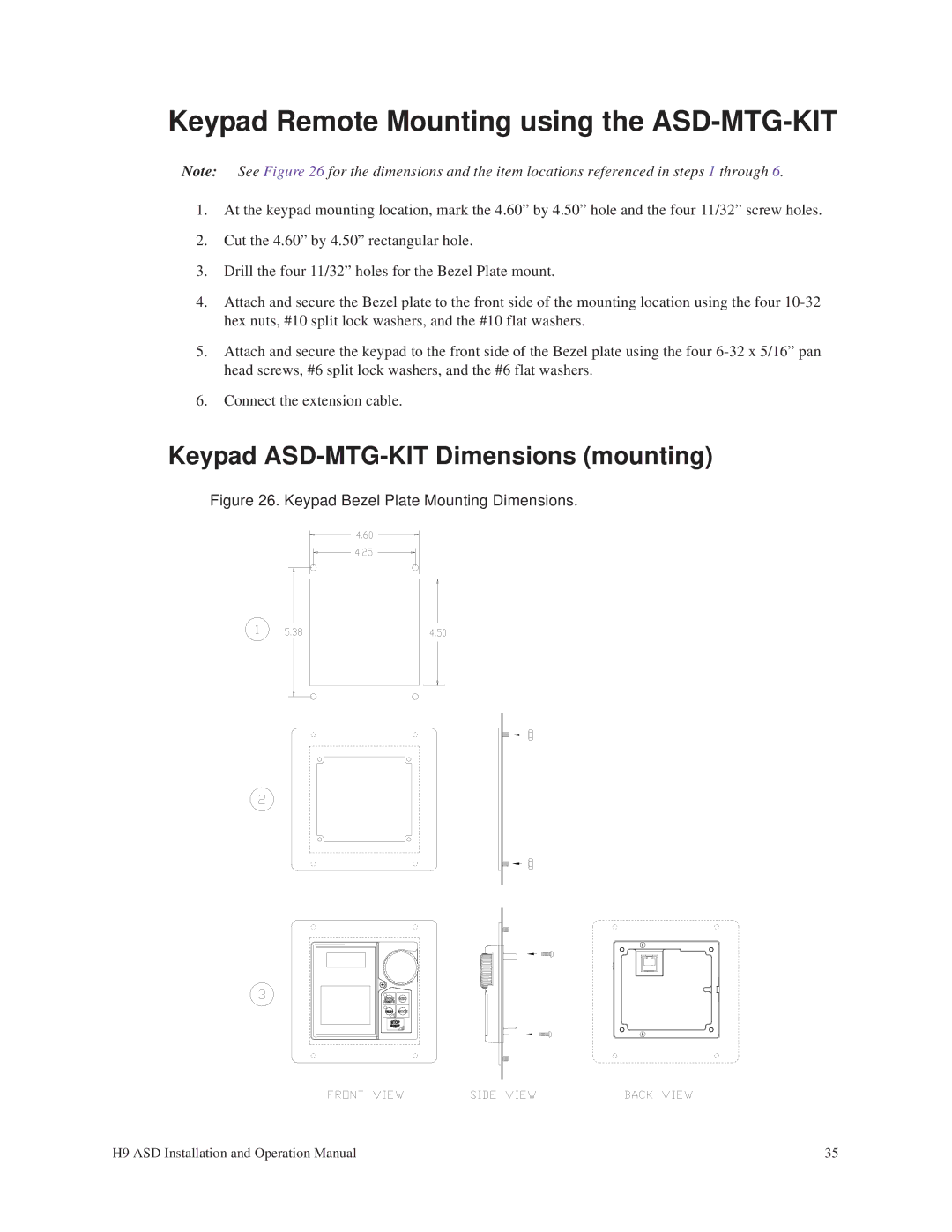 Toshiba H9 operation manual Keypad Remote Mounting using the ASD-MTG-KIT, Keypad Bezel Plate Mounting Dimensions 