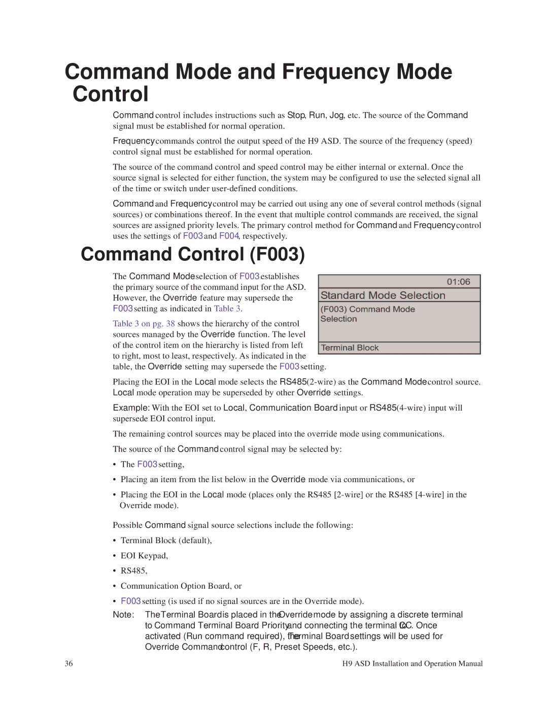 Toshiba H9 operation manual Command Mode and Frequency Mode Control, Command Control F003 