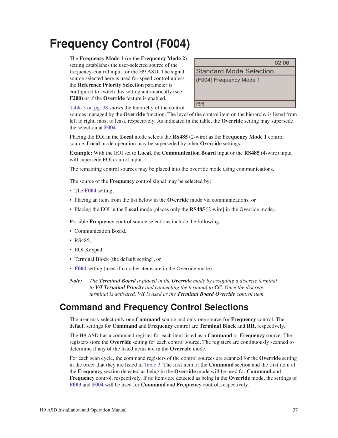 Toshiba H9 operation manual Frequency Control F004, Command and Frequency Control Selections 