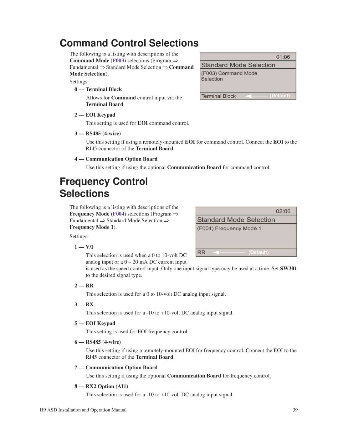 Toshiba H9 operation manual Command Control Selections, Frequency Control Selections 