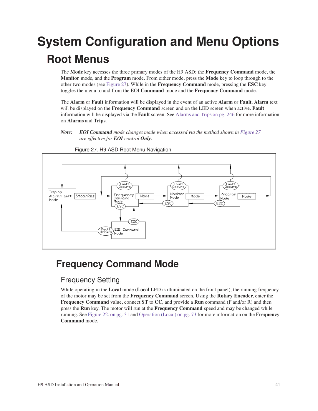 Toshiba H9 operation manual System Configuration and Menu Options, Root Menus, Frequency Command Mode 