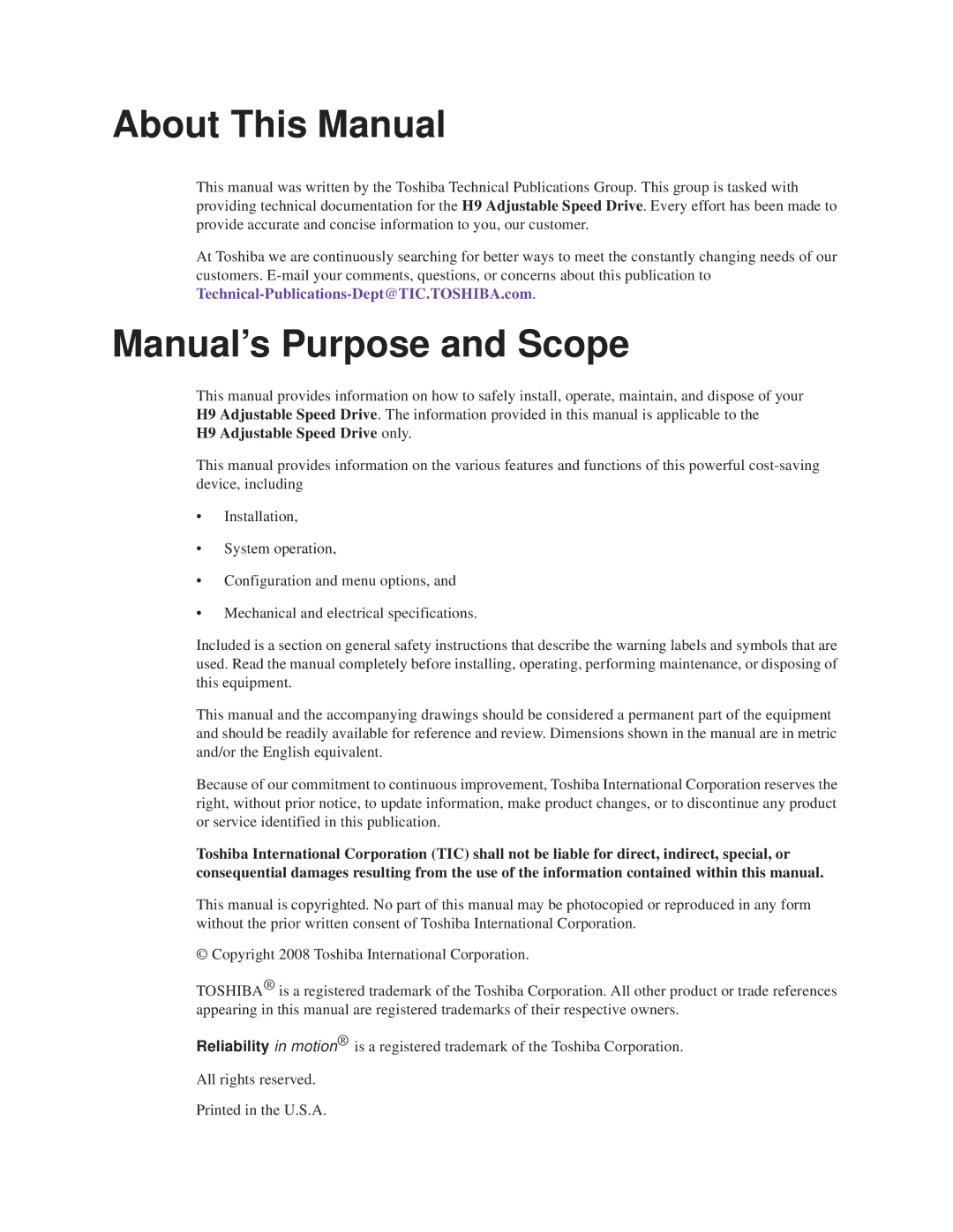 Toshiba H9 operation manual About This Manual, Manual’s Purpose and Scope 