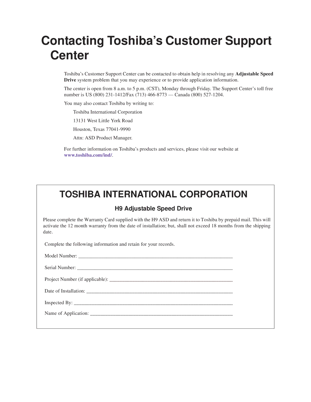 Toshiba H9 operation manual Contacting Toshiba’s Customer Support Center, Toshiba International Corporation 