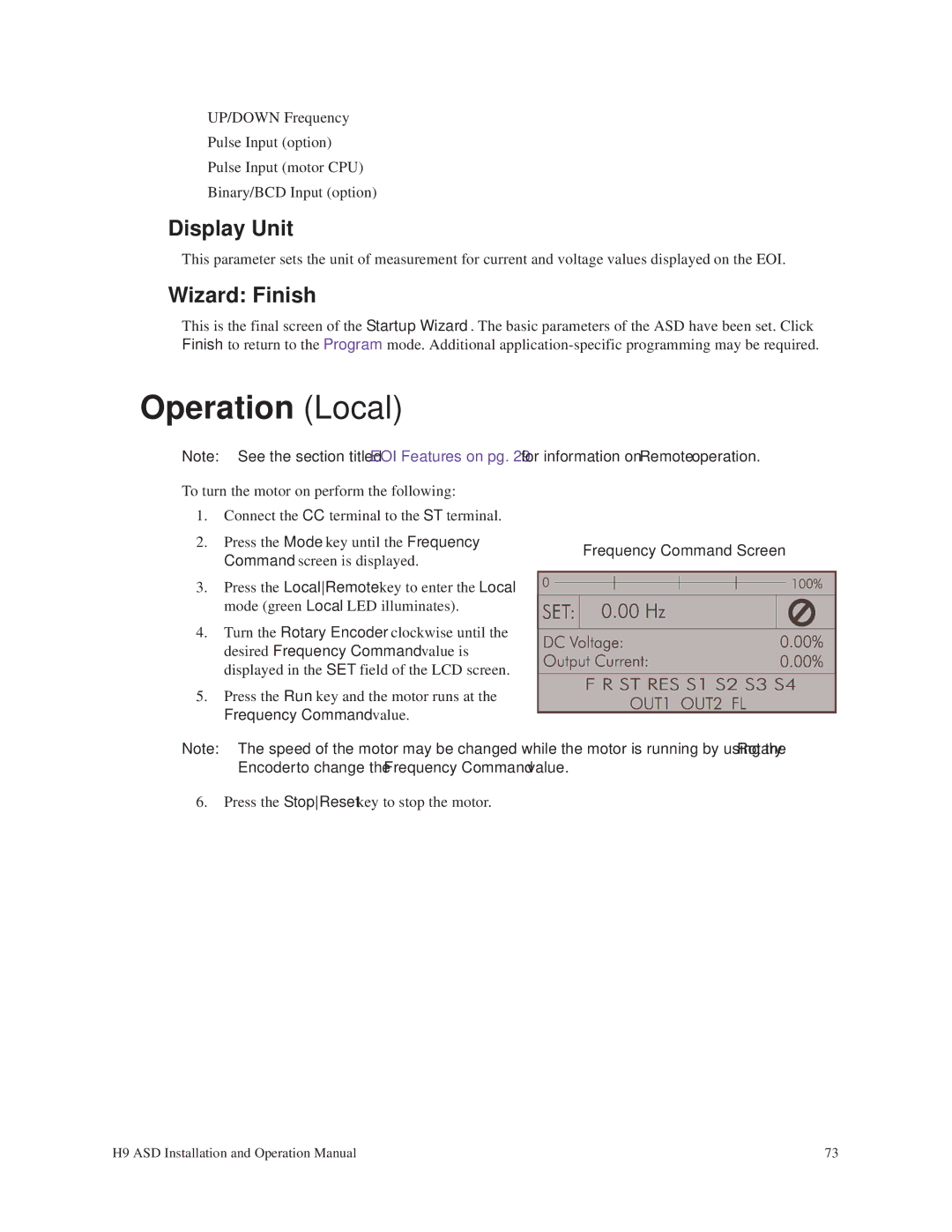 Toshiba H9 operation manual Operation Local, Display Unit 