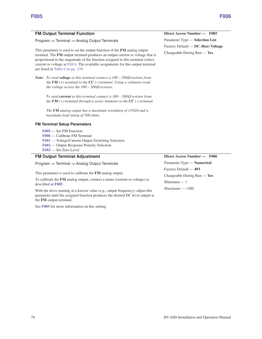 Toshiba H9 F005 F006, FM Output Terminal Function, FM Output Terminal Adjustment, FM Terminal Setup Parameters 