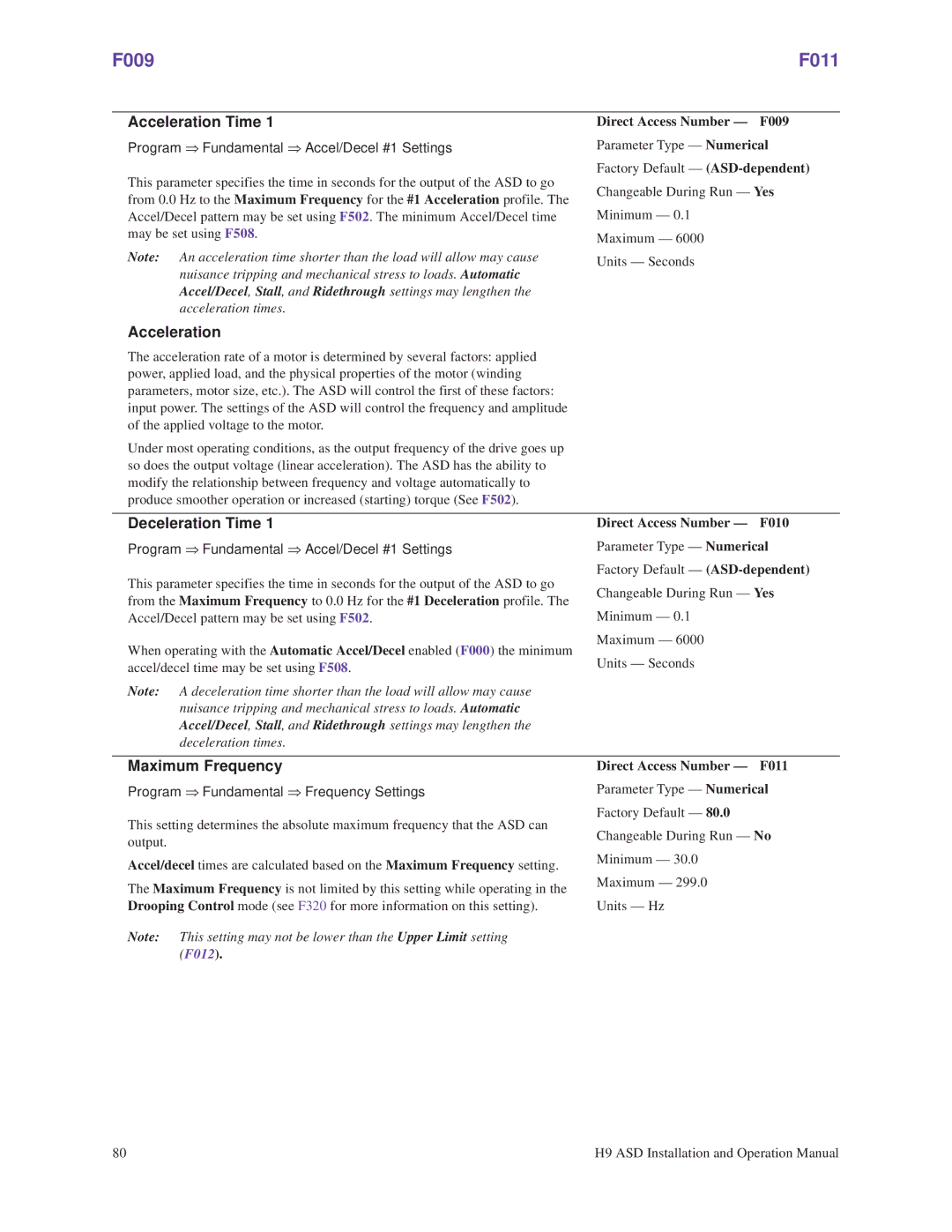 Toshiba H9 operation manual F009, Acceleration Time, Deceleration Time, Maximum Frequency 