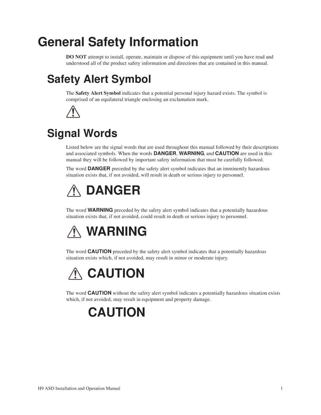 Toshiba H9 operation manual General Safety Information, Safety Alert Symbol, Signal Words 