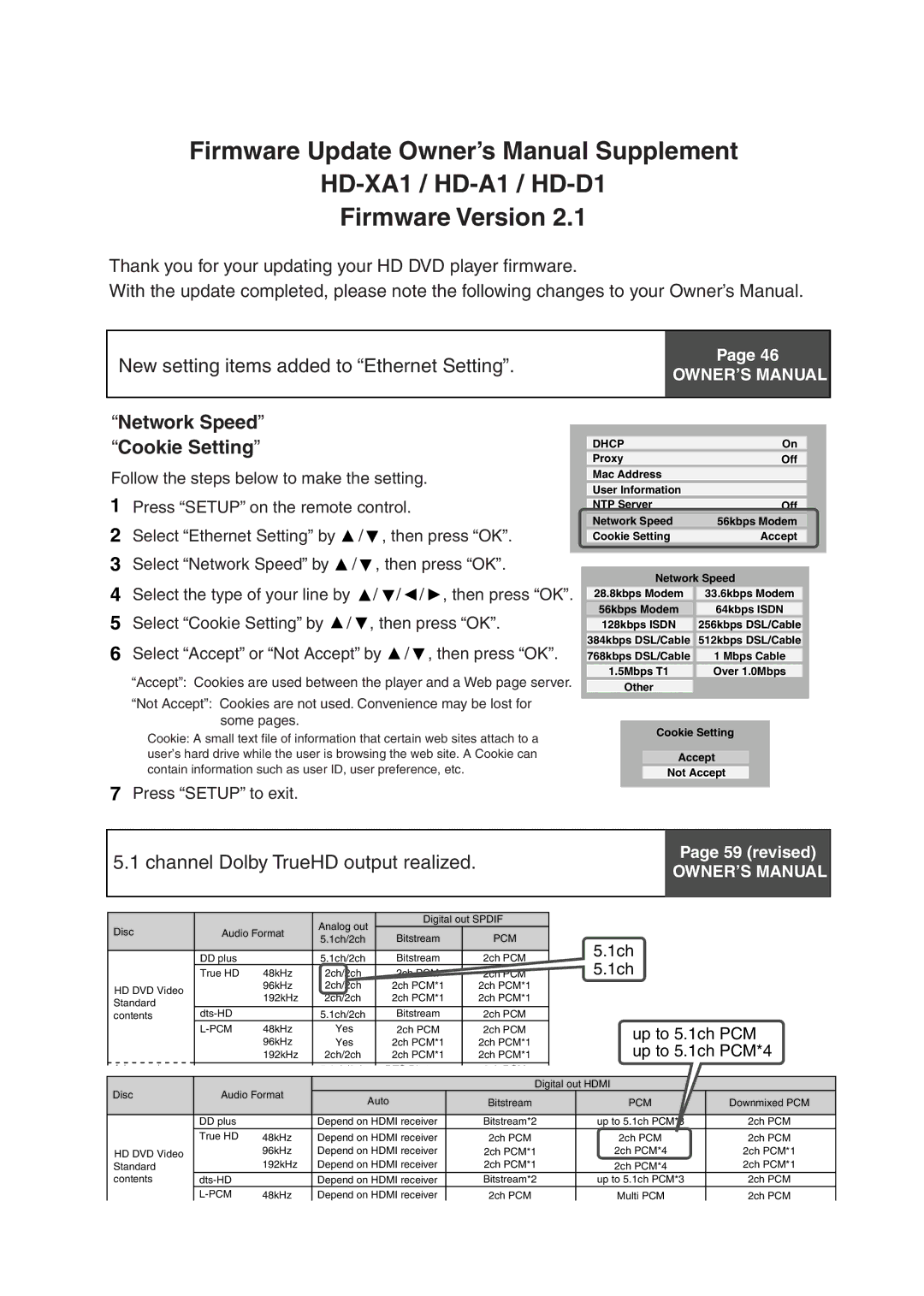 Toshiba owner manual HD-XA1 / HD-A1 / HD-D1 Firmware Version, Network Speed Cookie Setting 