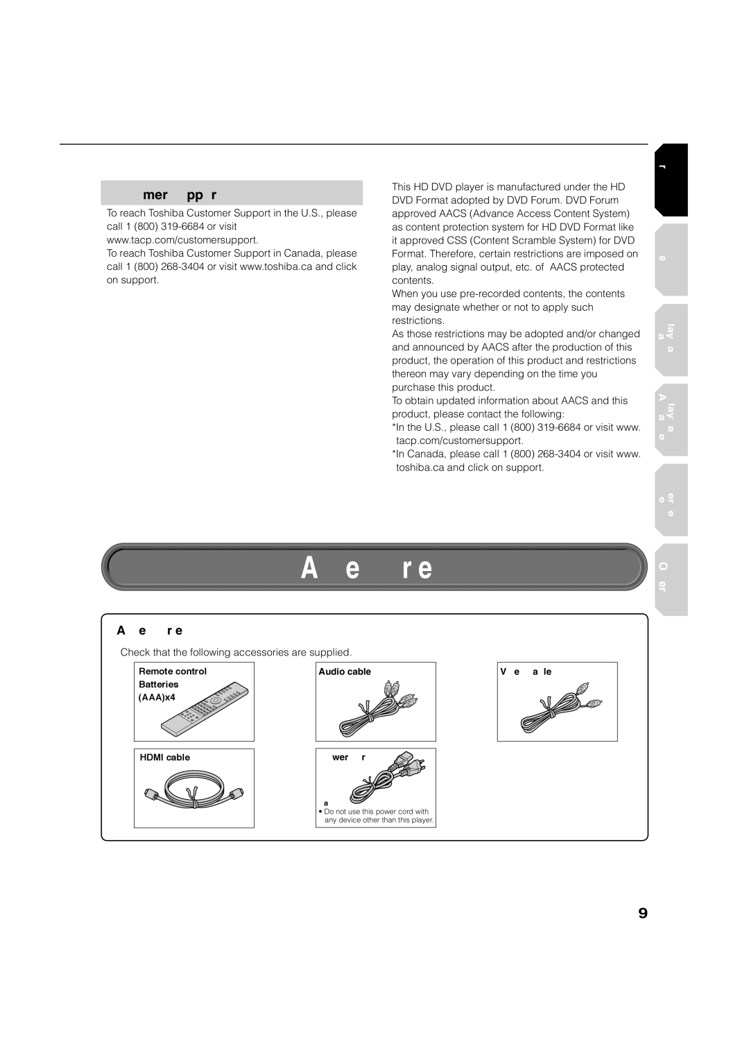 Toshiba HD-A1, HD-D1 owner manual Accessories, Customer support, Remote control, Batteries AAAx4 Hdmi cable, Video cable 