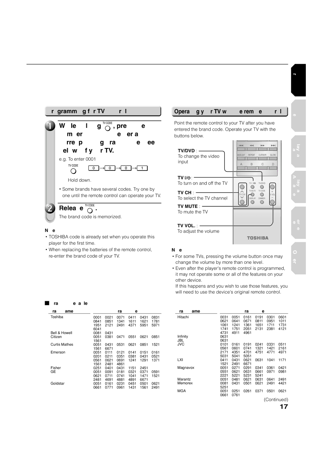 Toshiba HD-A1, HD-D1 owner manual While holding, Release, Programming for TV control 