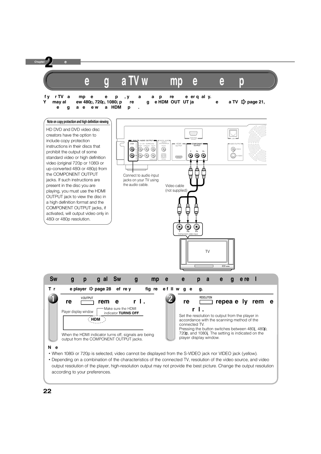 Toshiba HD-D1, HD-A1 owner manual Connecting to a TV with component video inputs 